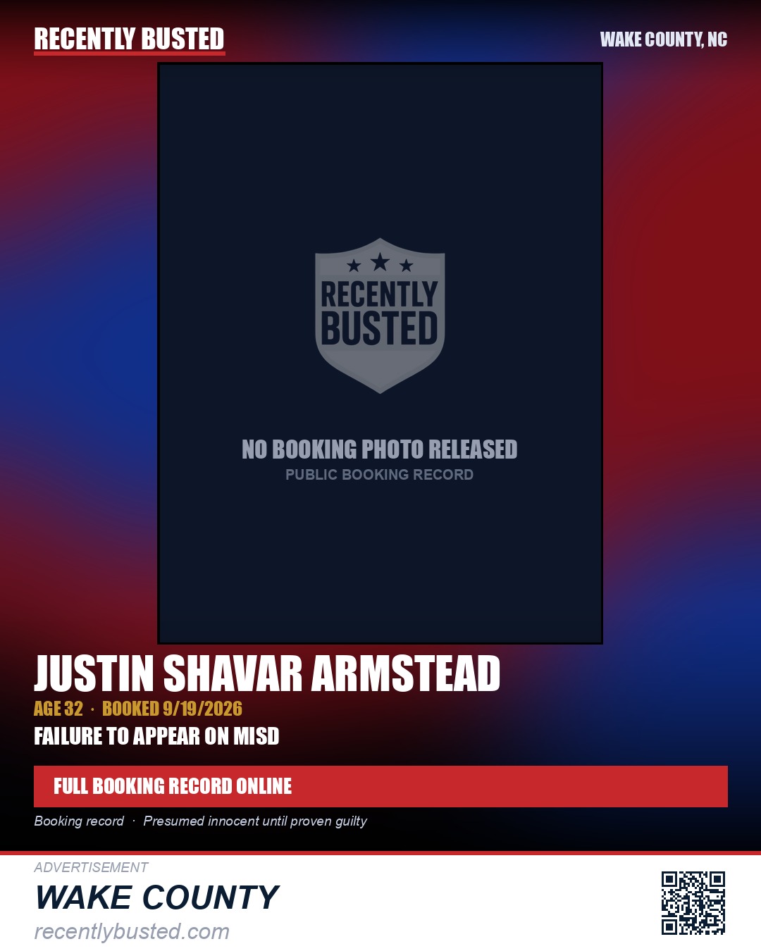 JUSTIN SHAVAR ARMSTEAD — arrest record card, Wake County, North Carolina