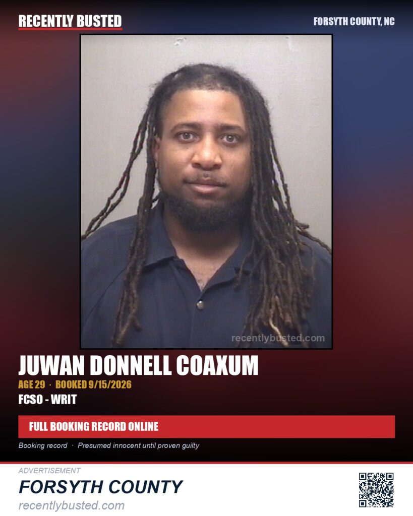 JUWAN DONNELL COAXUM — arrest record card, Forsyth County, North Carolina