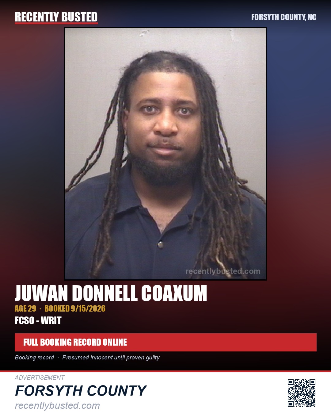 JUWAN DONNELL COAXUM — arrest record card, Forsyth County, North Carolina