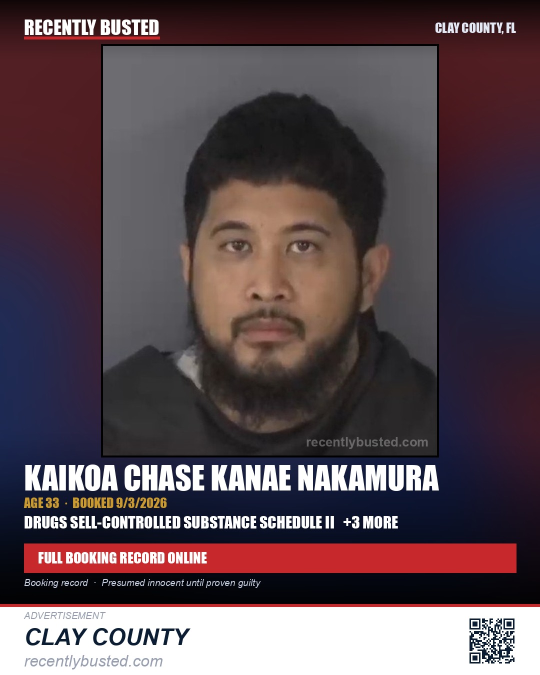 KAIKOA CHASE KANAE NAKAMURA — arrest record card, Clay County, Florida