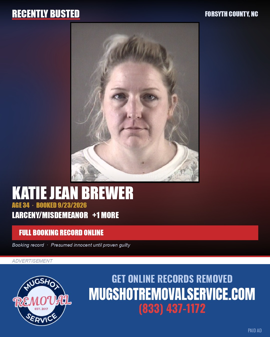KATIE JEAN BREWER — arrest record card, Forsyth County, North Carolina