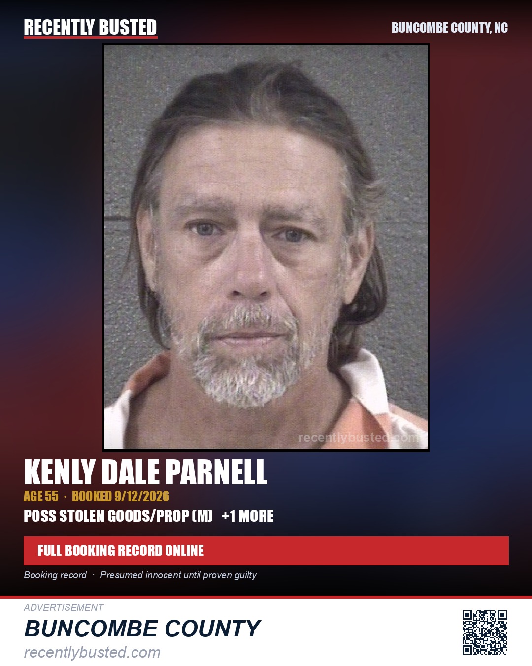 KENLY DALE PARNELL — arrest record card, Buncombe County, North Carolina
