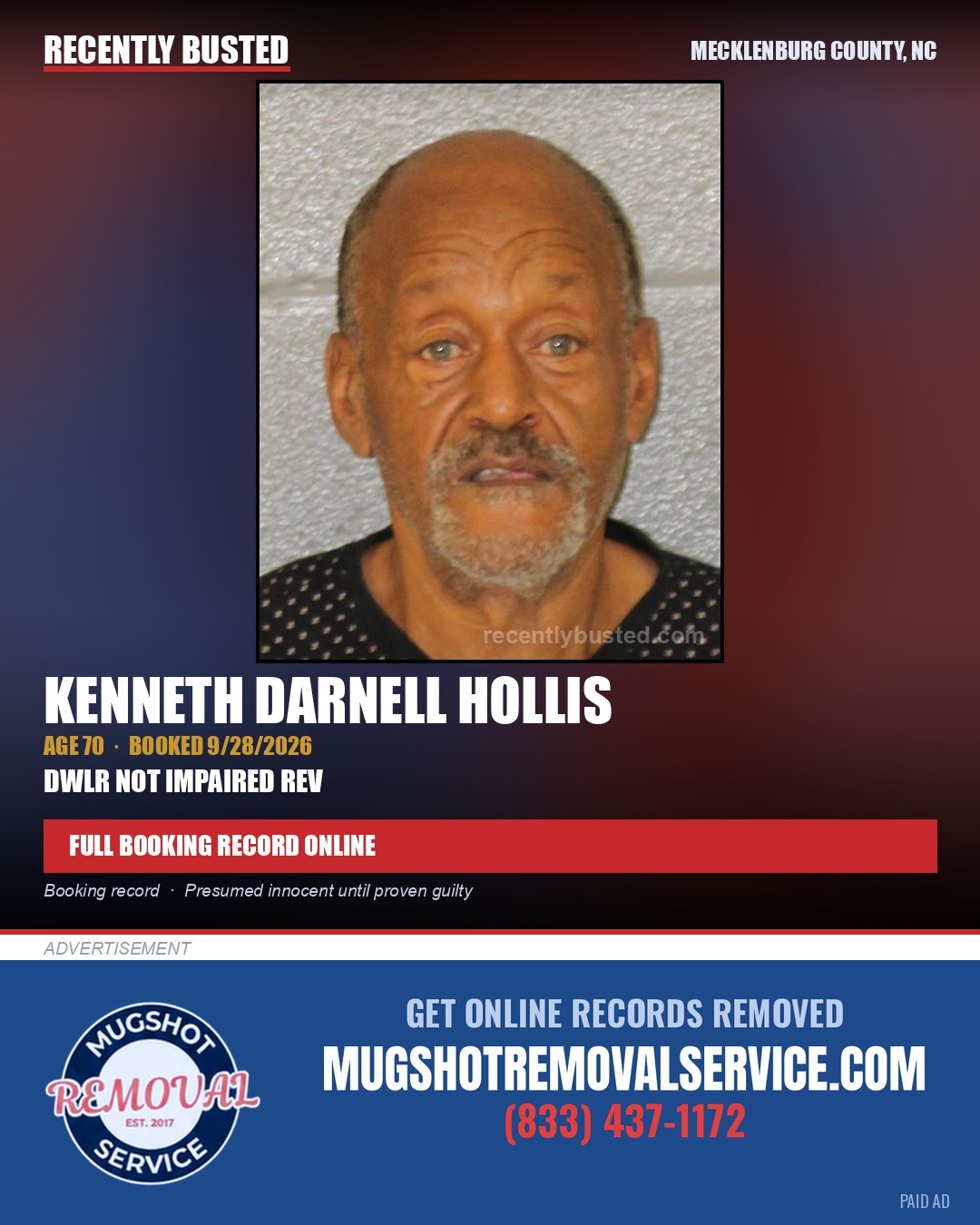 KENNETH DARNELL HOLLIS — arrest record card, Mecklenburg County, North Carolina