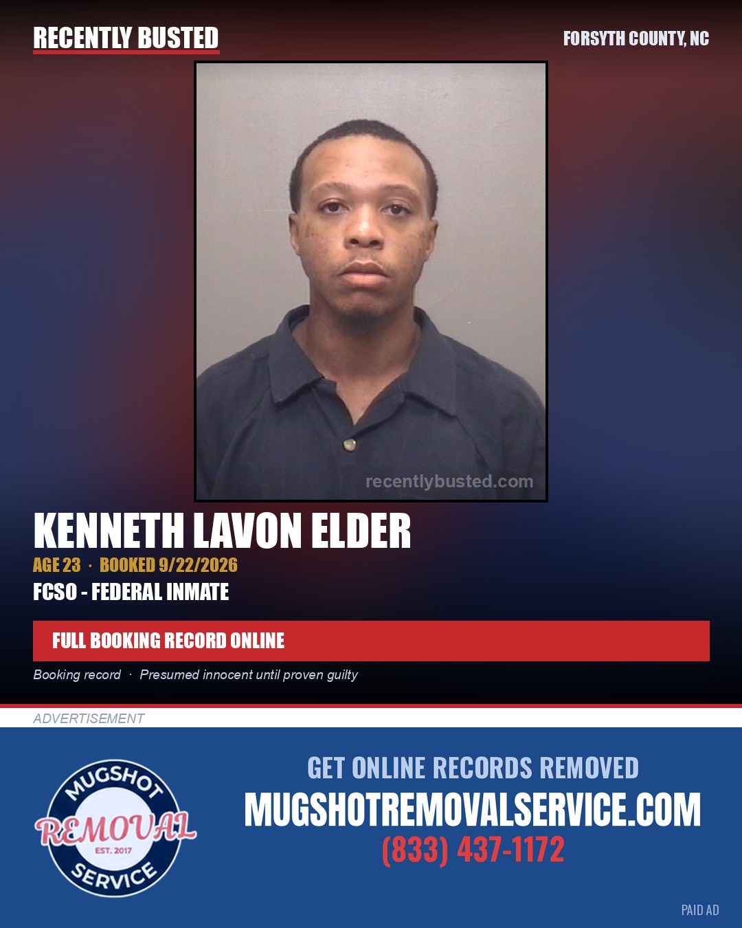 KENNETH LAVON ELDER — arrest record card, Forsyth County, North Carolina