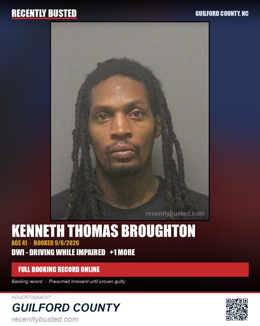 KENNETH THOMAS BROUGHTON — arrest record card, Guilford County, North Carolina