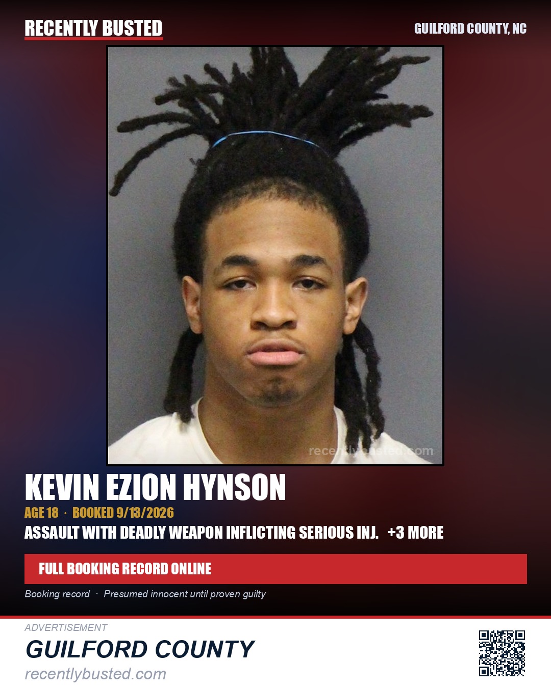 KEVIN EZION HYNSON — arrest record card, Guilford County, North Carolina