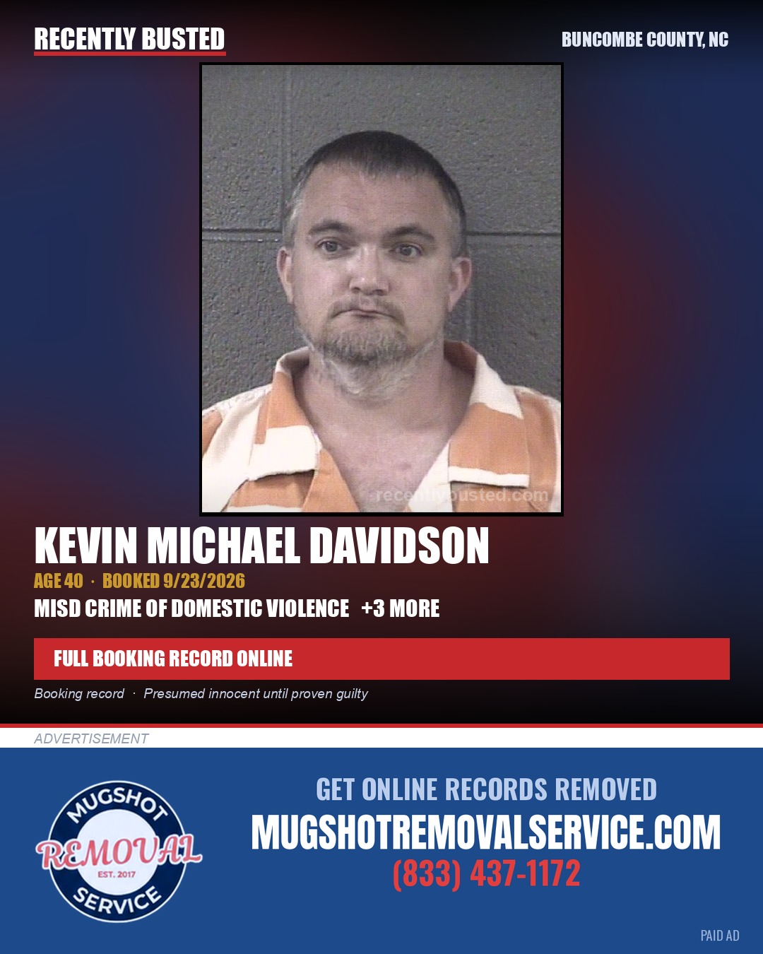 KEVIN MICHAEL DAVIDSON — arrest record card, Buncombe County, North Carolina