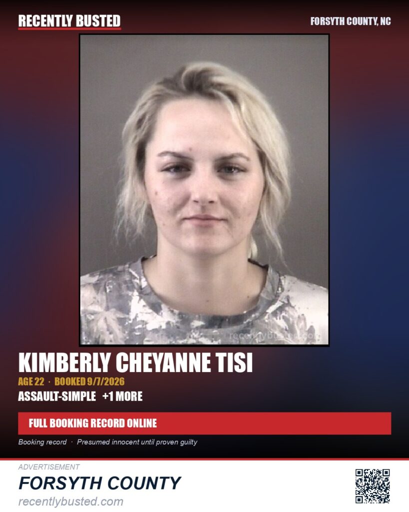 KIMBERLY CHEYANNE TISI — arrest record card, Forsyth County, North Carolina