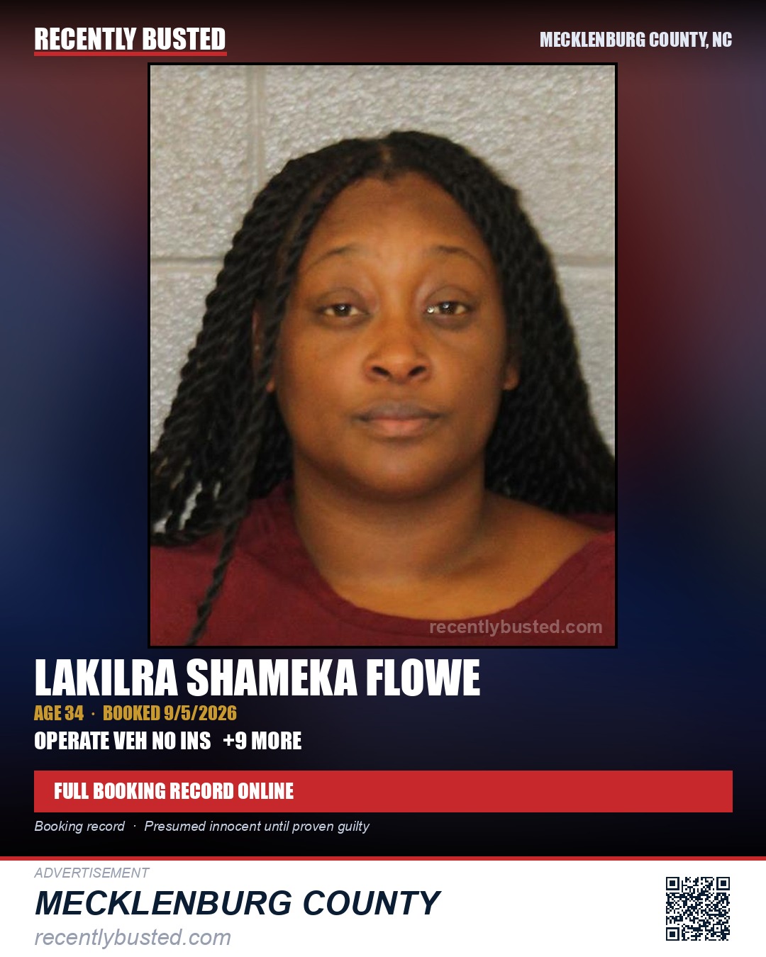 LAKILRA SHAMEKA FLOWE — arrest record card, Mecklenburg County, North Carolina