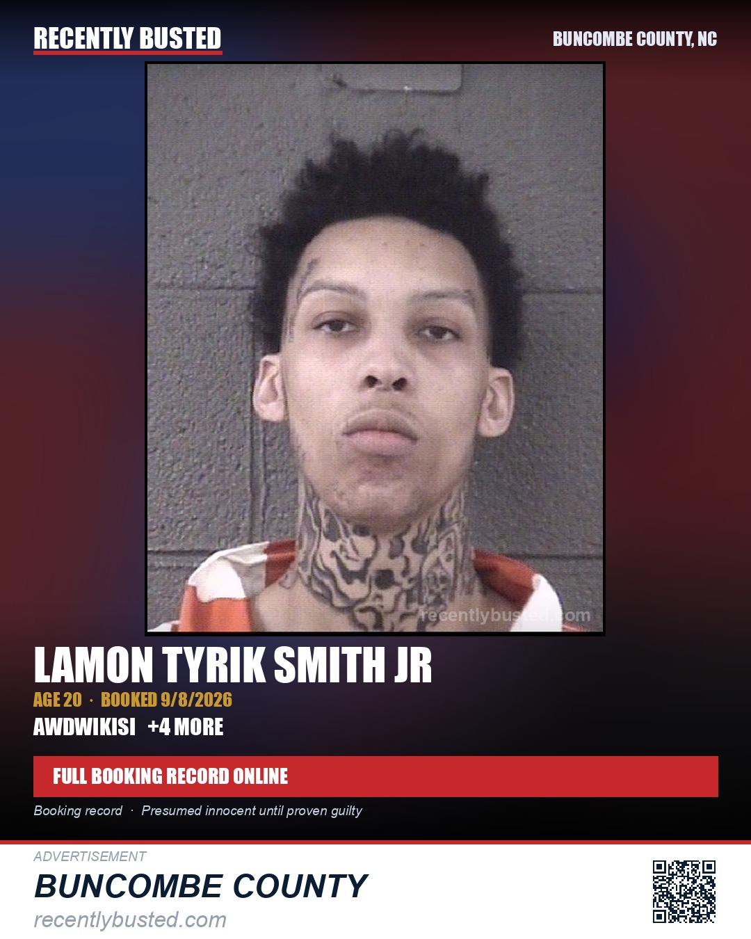 LAMON TYRIK SMITH JR — arrest record card, Buncombe County, North Carolina