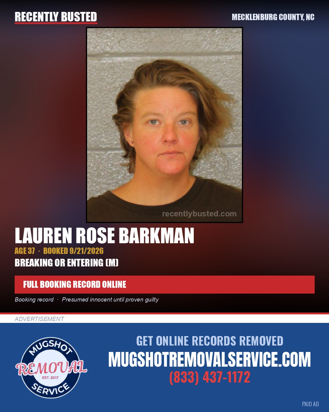 LAUREN ROSE BARKMAN — arrest record card, Mecklenburg County, North Carolina