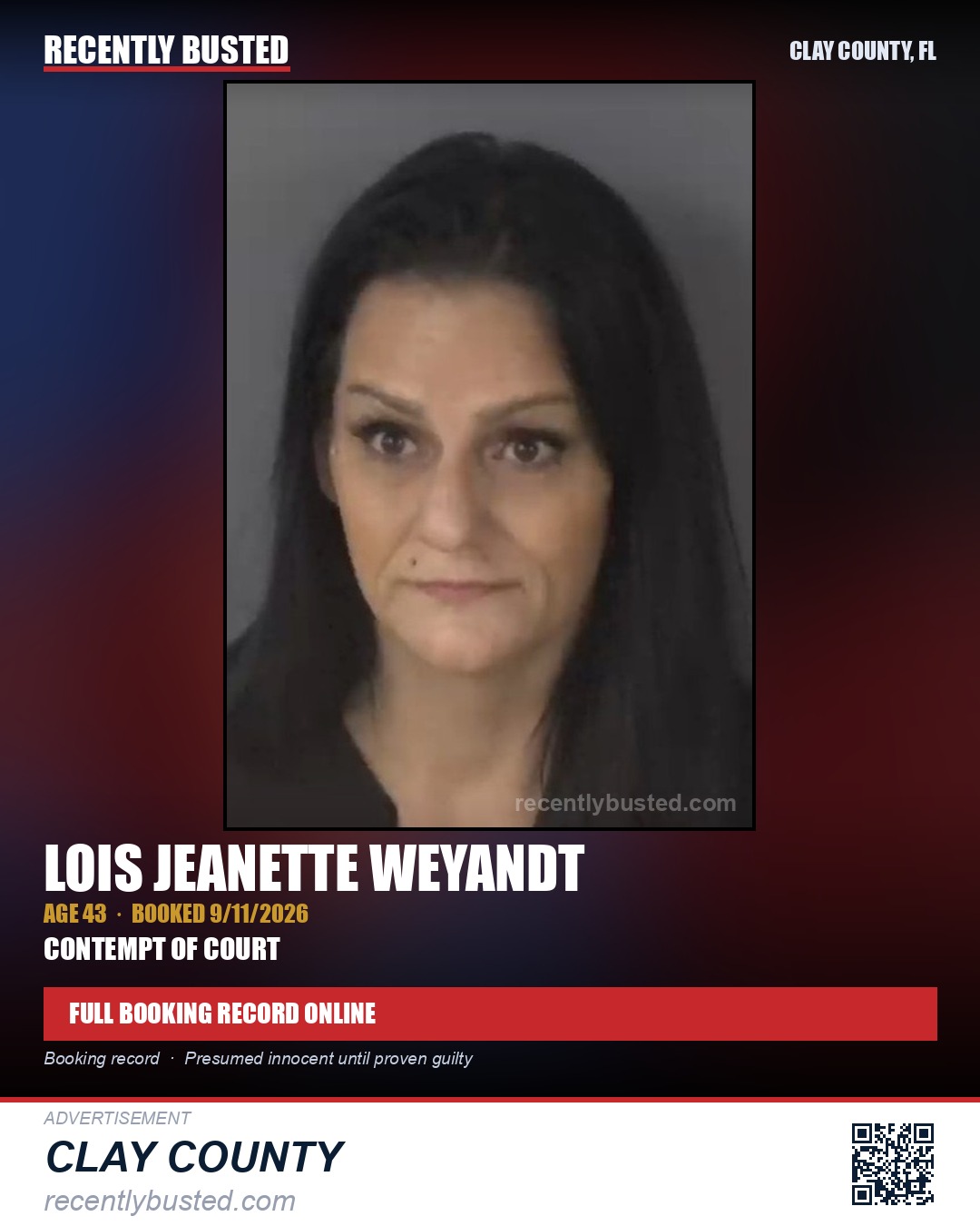 LOIS JEANETTE WEYANDT — arrest record card, Clay County, Florida