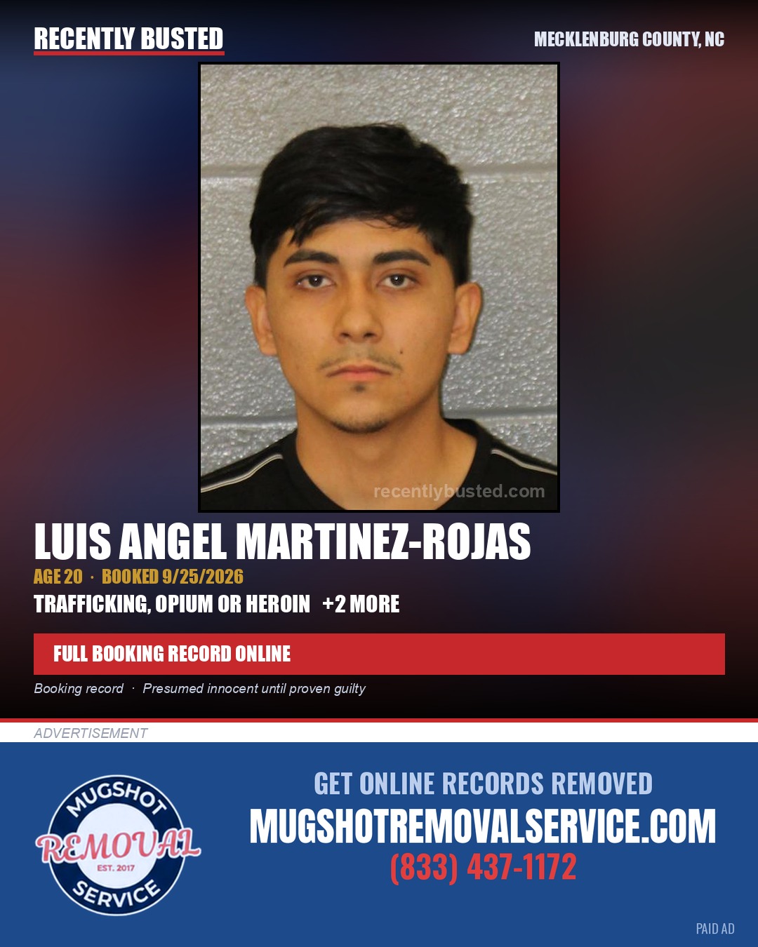 LUIS ANGEL MARTINEZ-ROJAS — arrest record card, Mecklenburg County, North Carolina