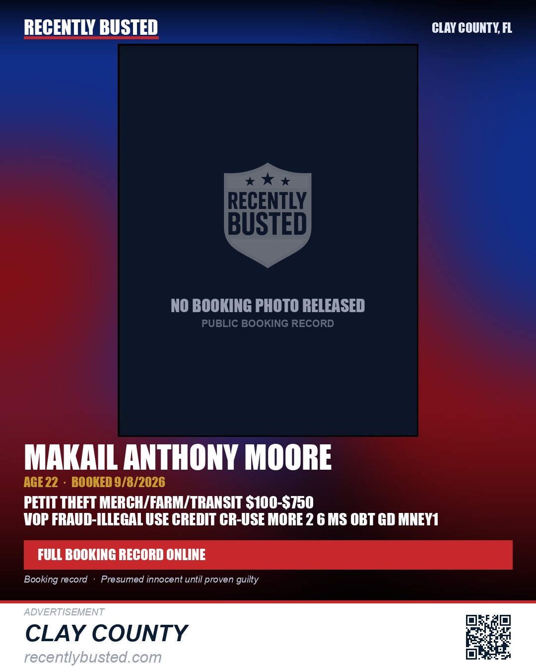 MAKAIL ANTHONY MOORE — arrest record card, Clay County, Florida