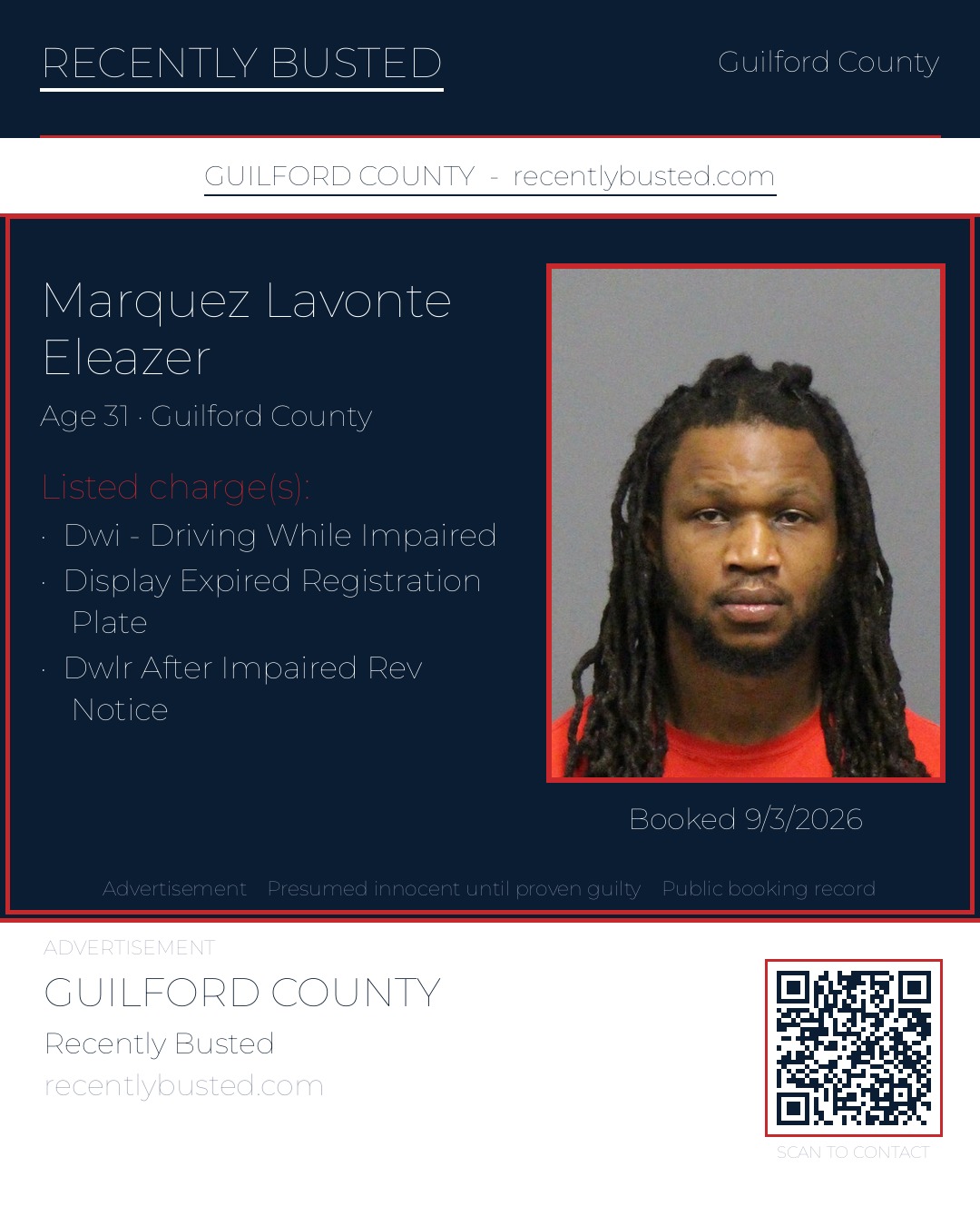 MARQUEZ LAVONTE ELEAZER — arrest record card, Guilford County, North Carolina