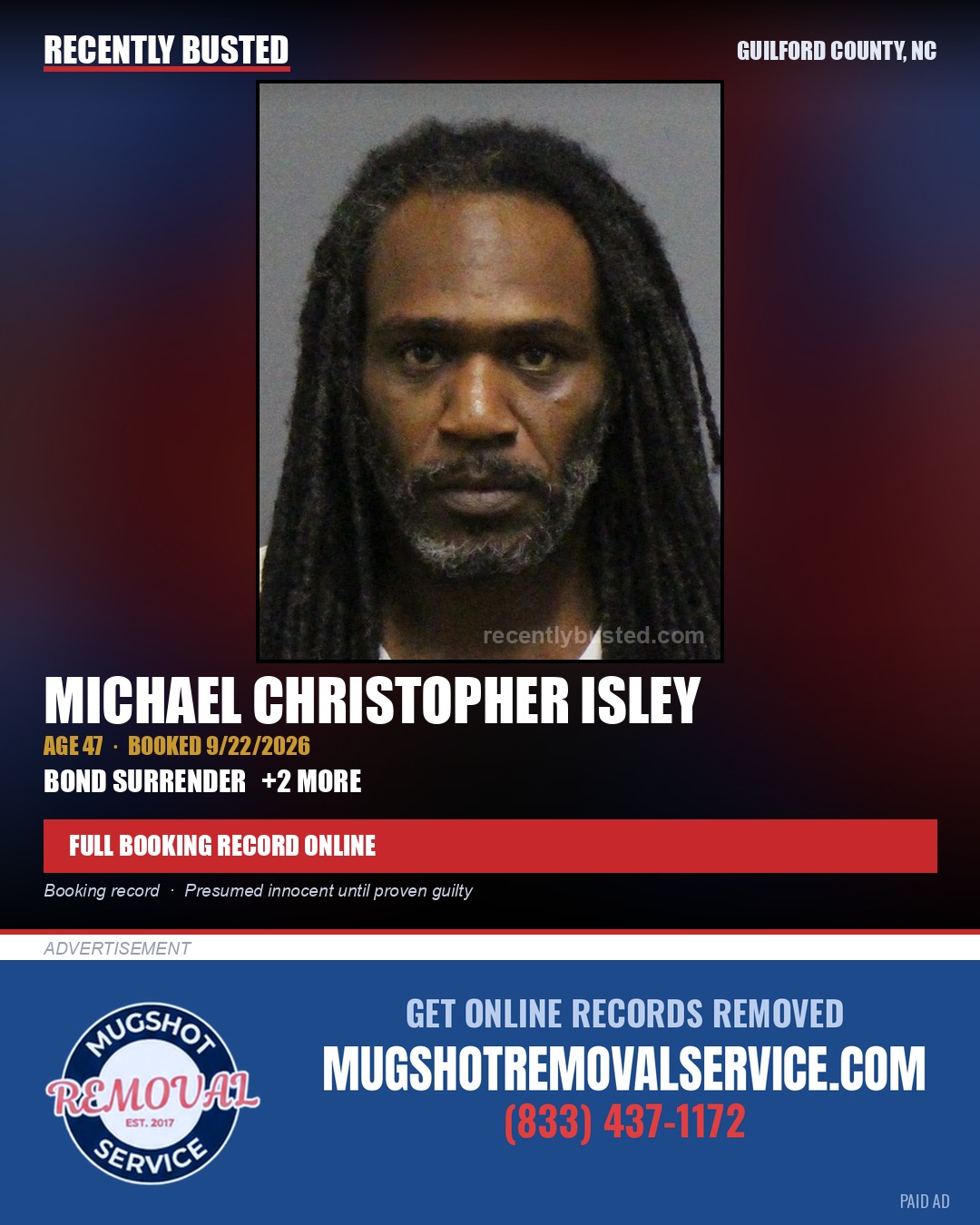 MICHAEL CHRISTOPHER ISLEY — arrest record card, Guilford County, North Carolina