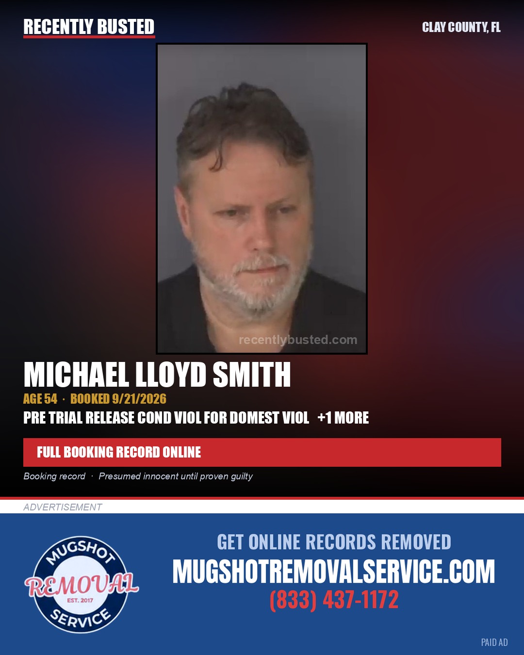 MICHAEL LLOYD SMITH — arrest record card, Clay County, Florida