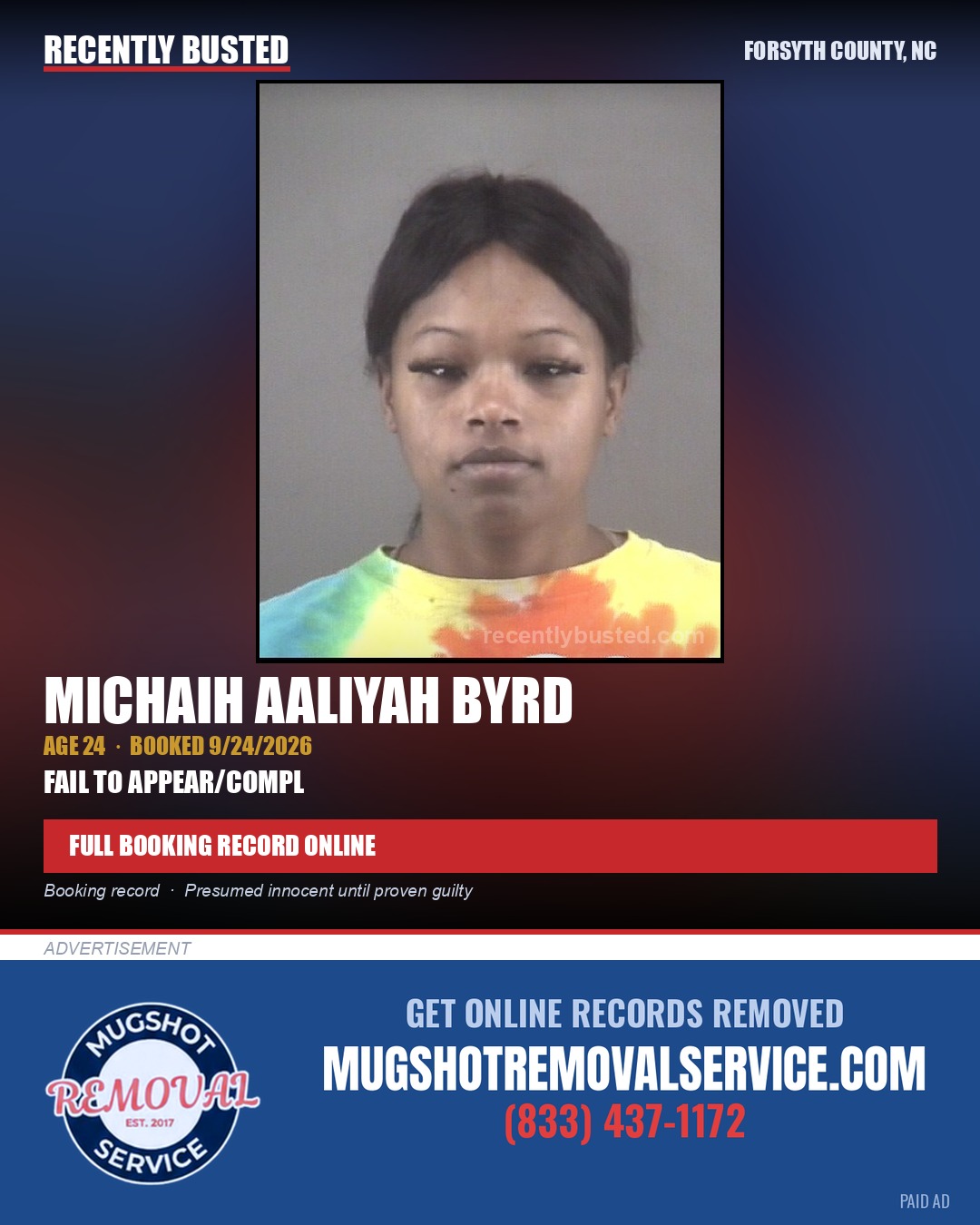 MICHAIH AALIYAH BYRD — arrest record card, Forsyth County, North Carolina