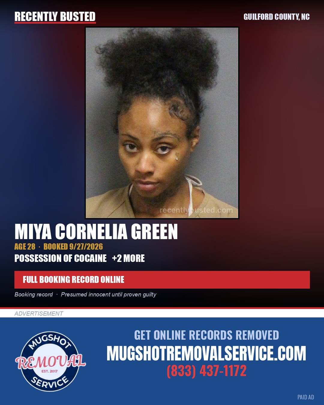 MIYA CORNELIA GREEN — arrest record card, Guilford County, North Carolina