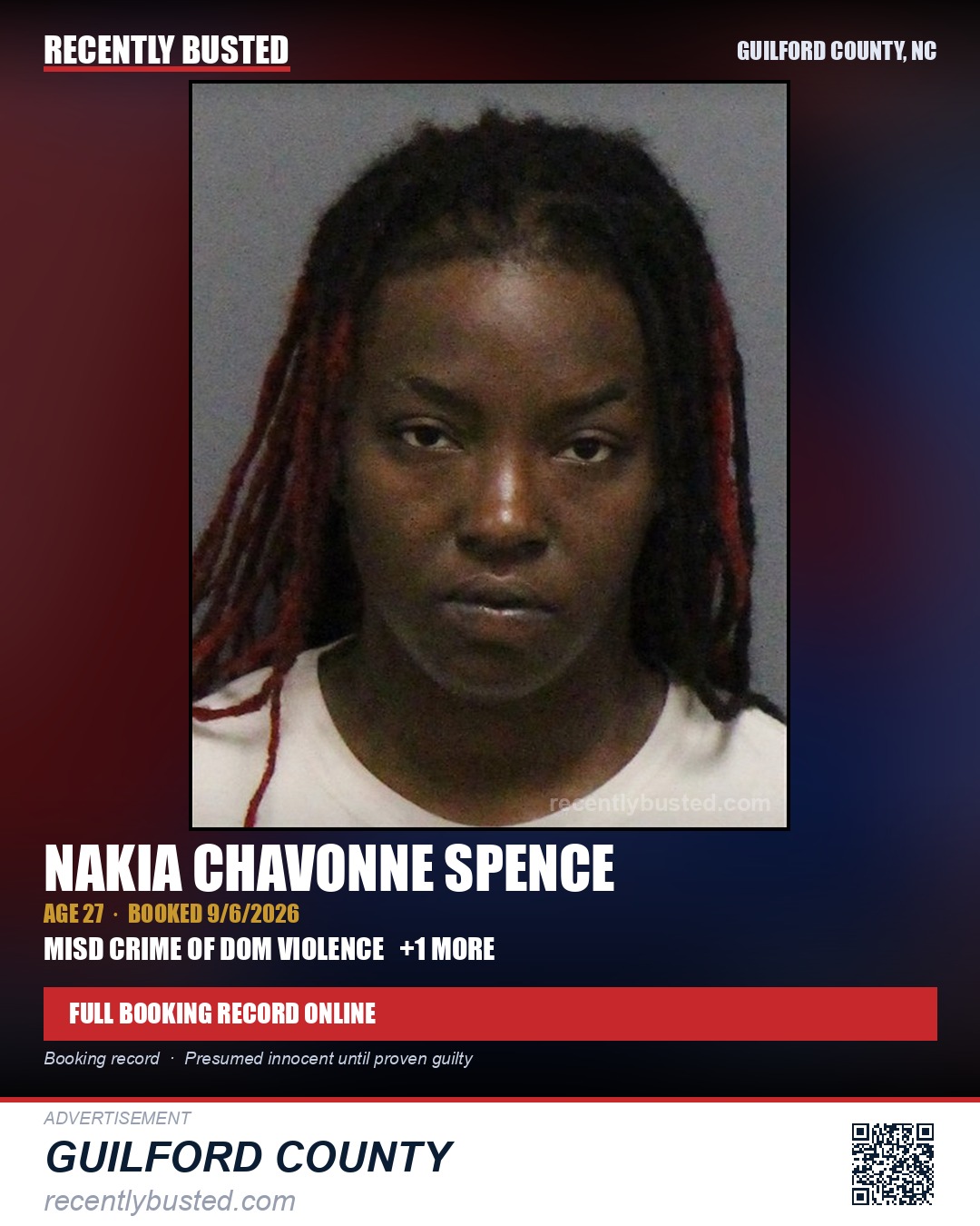 NAKIA CHAVONNE SPENCE — arrest record card, Guilford County, North Carolina