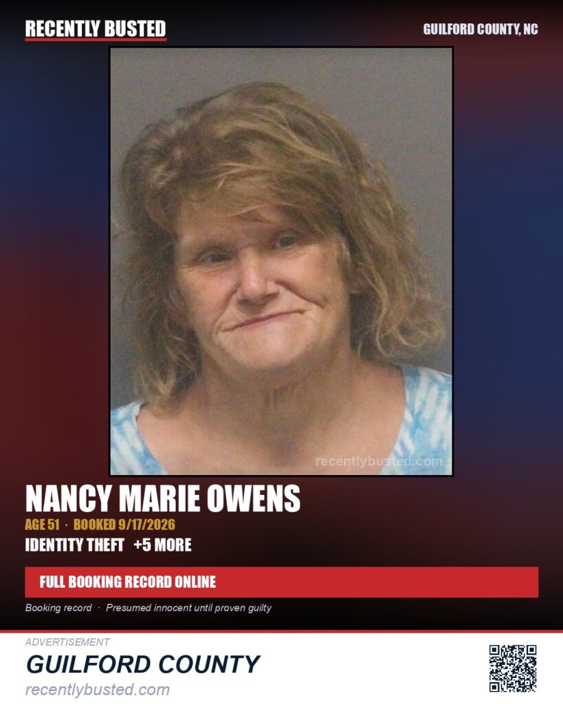NANCY MARIE OWENS — arrest record card, Guilford County, North Carolina