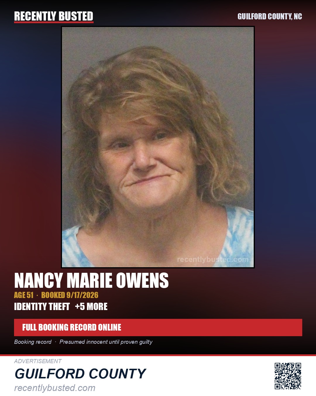 NANCY MARIE OWENS — arrest record card, Guilford County, North Carolina
