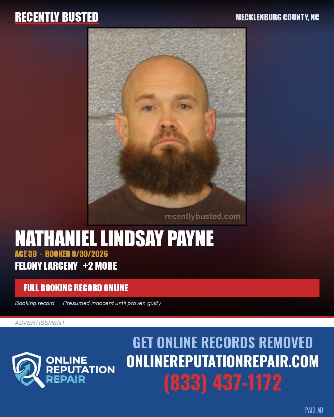 NATHANIEL LINDSAY PAYNE — arrest record card, Mecklenburg County, North Carolina