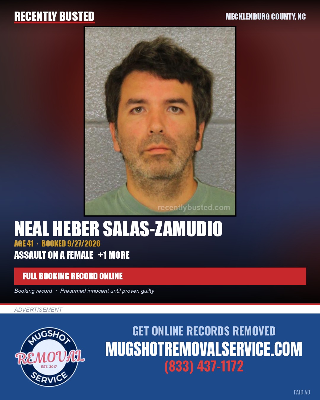 NEAL HEBER SALAS-ZAMUDIO — arrest record card, Mecklenburg County, North Carolina