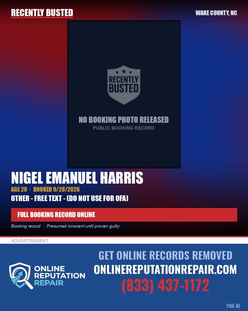 NIGEL EMANUEL HARRIS — arrest record card, Wake County, North Carolina