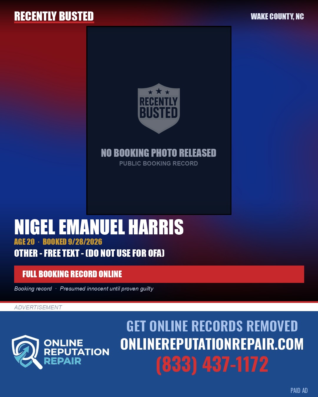 NIGEL EMANUEL HARRIS — arrest record card, Wake County, North Carolina