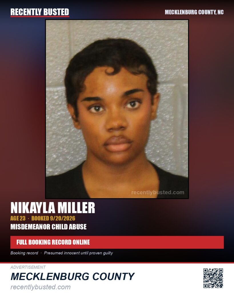 NIKAYLA MILLER — arrest record card, Mecklenburg County, North Carolina
