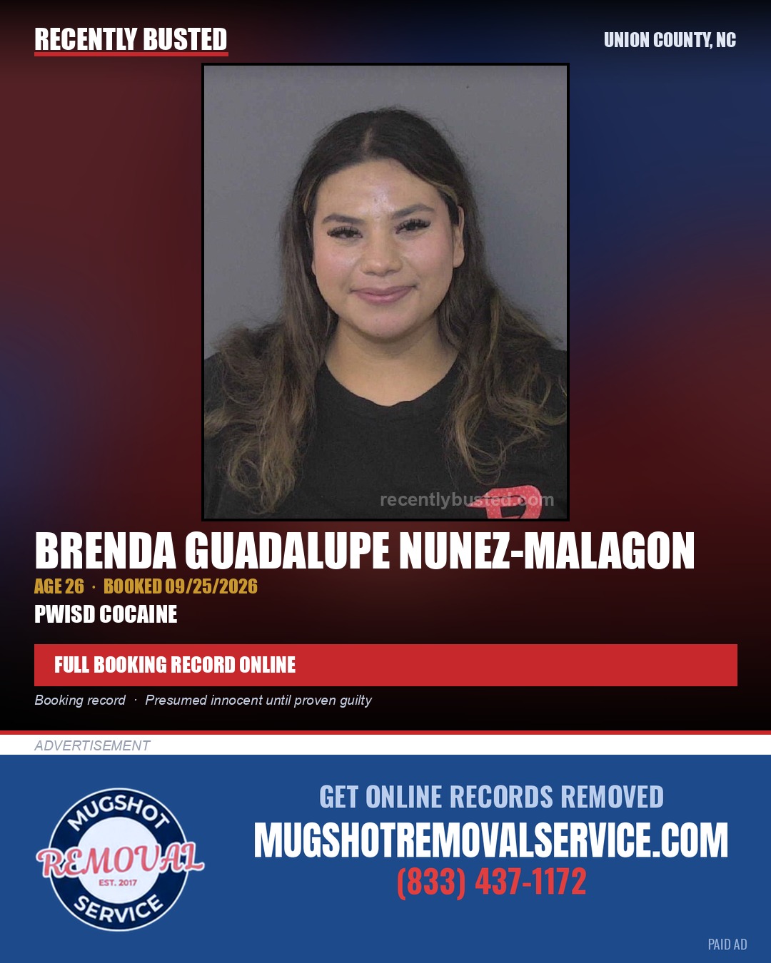 NUNEZ-MALAGON, BRENDA GUADALUPE — arrest record card, Union County, North Carolina