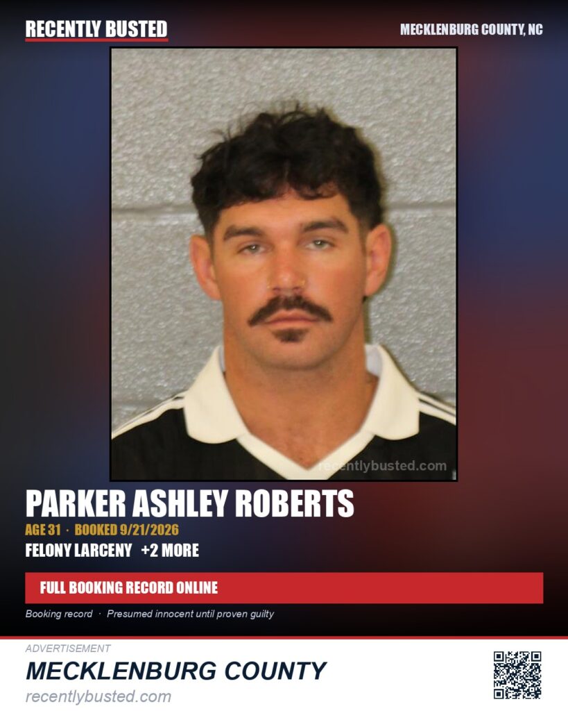 PARKER ASHLEY ROBERTS — arrest record card, Mecklenburg County, North Carolina