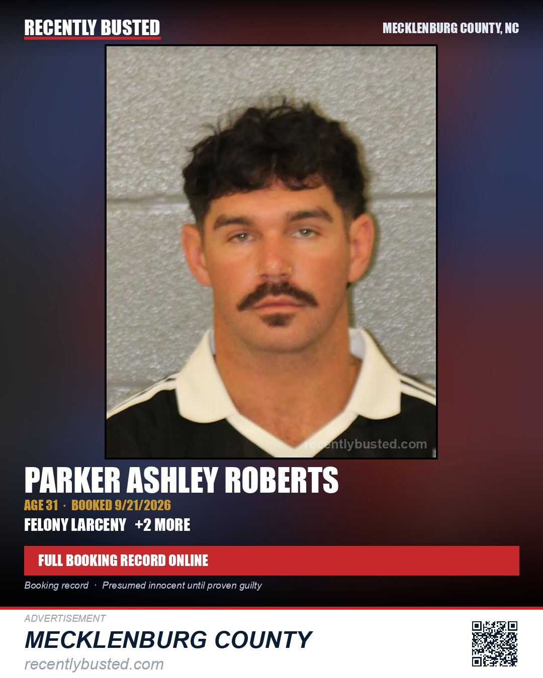PARKER ASHLEY ROBERTS — arrest record card, Mecklenburg County, North Carolina