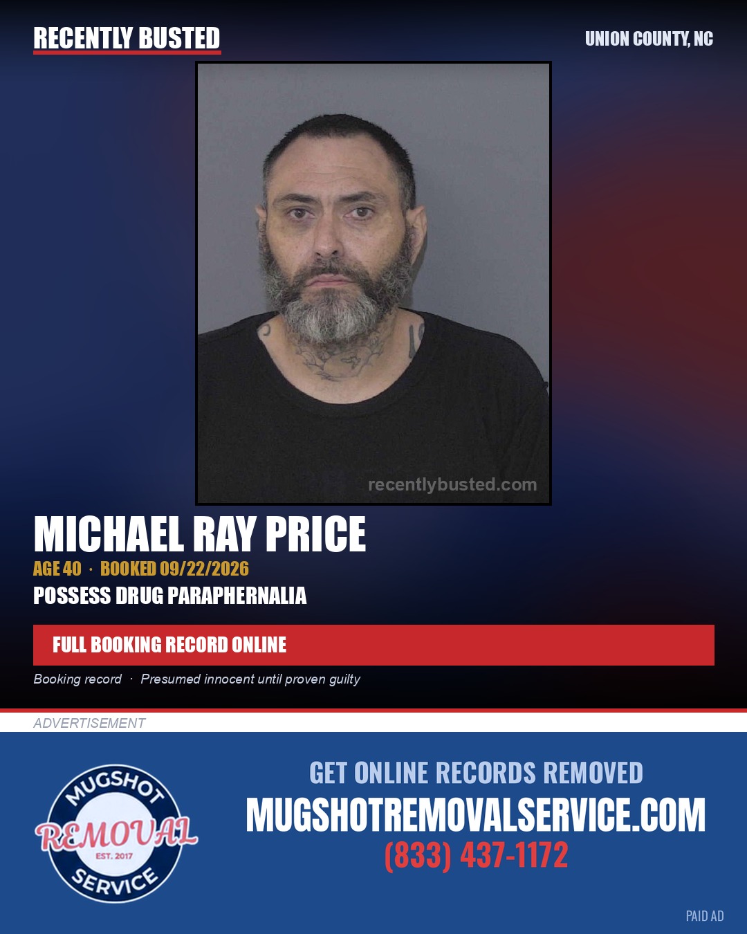 PRICE, MICHAEL RAY — arrest record card, Union County, North Carolina