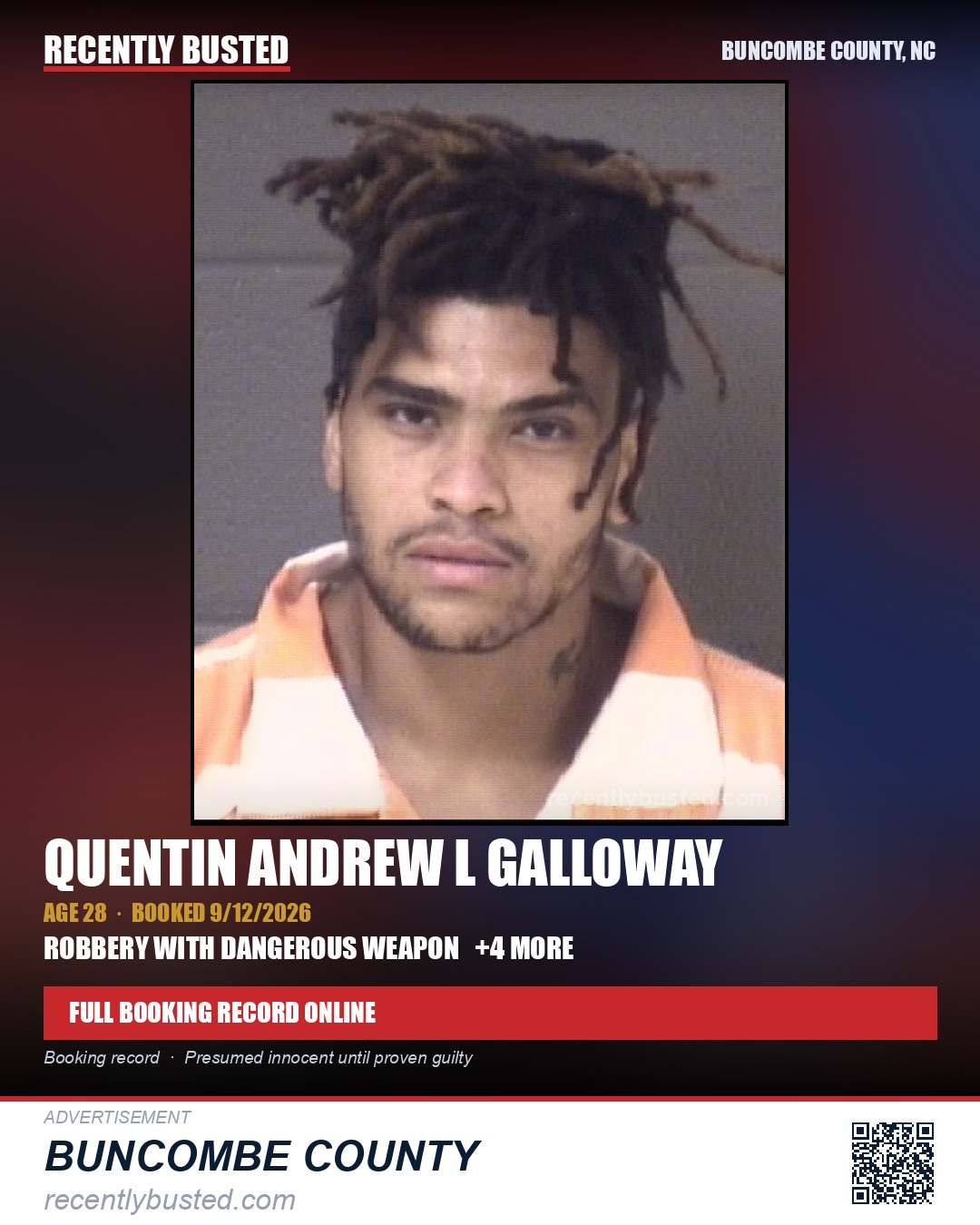 QUENTIN ANDREW L GALLOWAY — arrest record card, Buncombe County, North Carolina