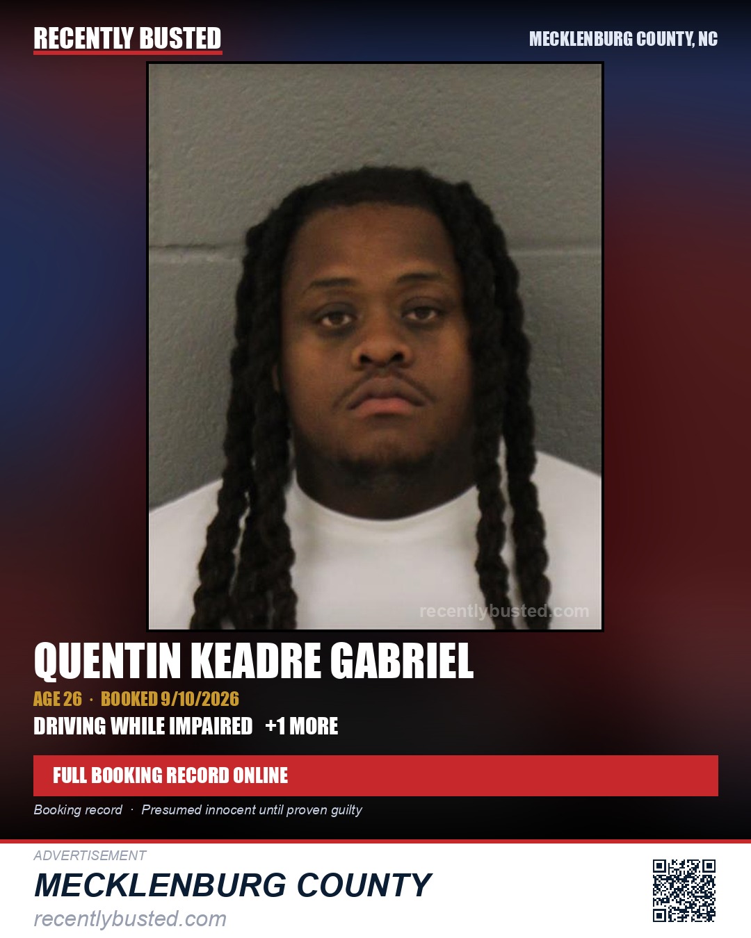 QUENTIN KEADRE GABRIEL — arrest record card, Mecklenburg County, North Carolina