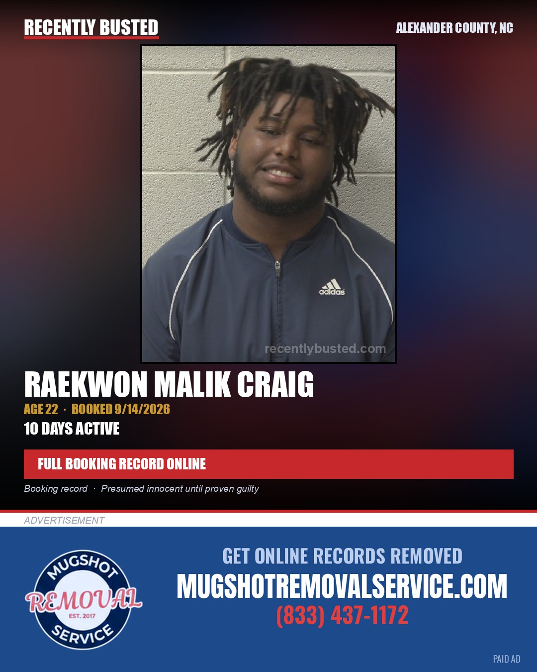 RAEKWON MALIK CRAIG — arrest record card, Alexander County, North Carolina