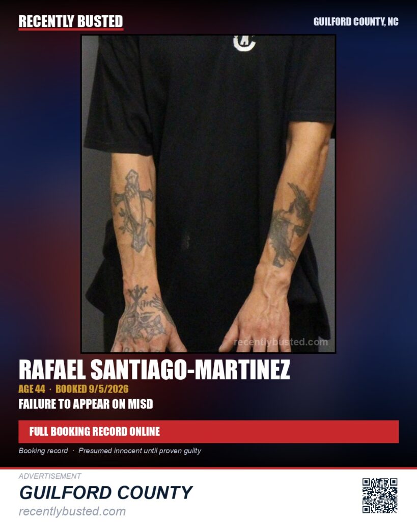 RAFAEL SANTIAGO-MARTINEZ — arrest record card, Guilford County, North Carolina