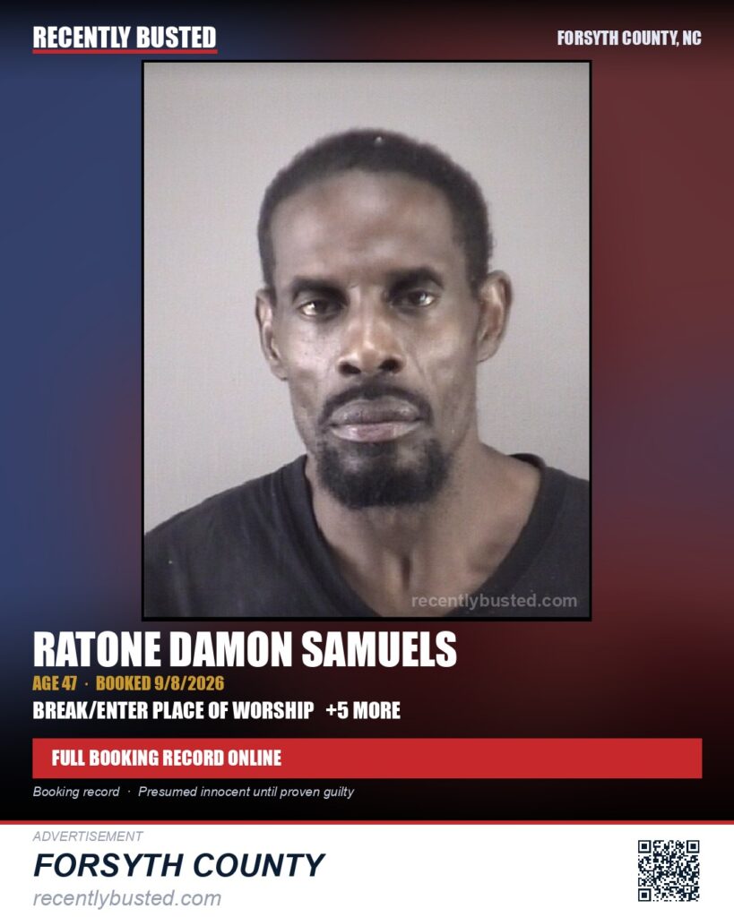 RATONE DAMON SAMUELS — arrest record card, Forsyth County, North Carolina