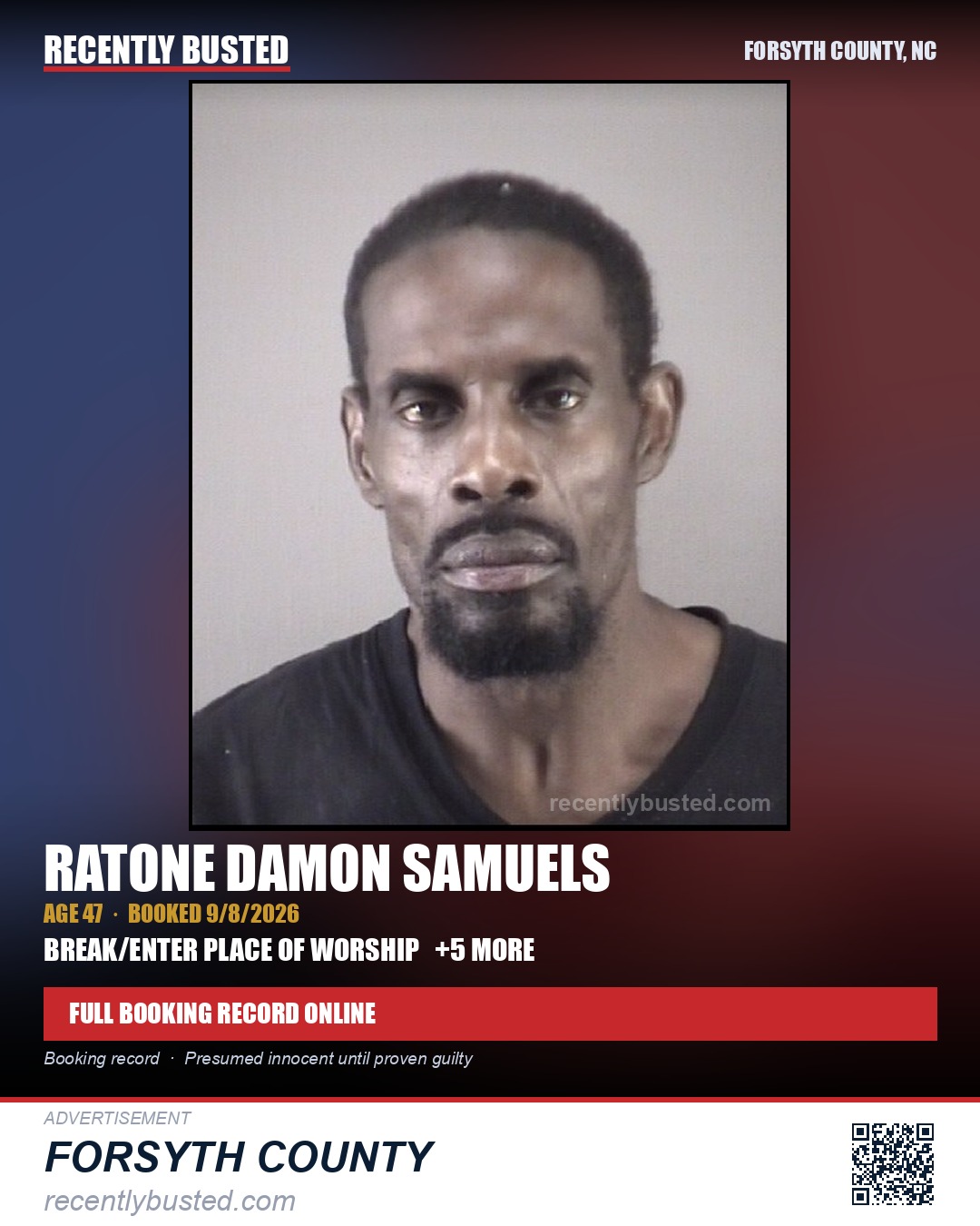 RATONE DAMON SAMUELS — arrest record card, Forsyth County, North Carolina