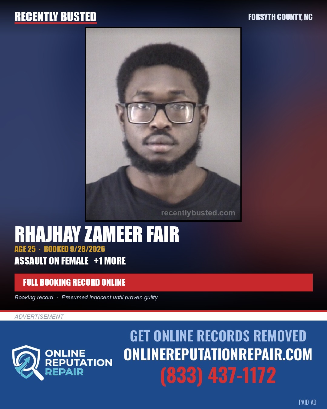 RHAJHAY ZAMEER FAIR — arrest record card, Forsyth County, North Carolina