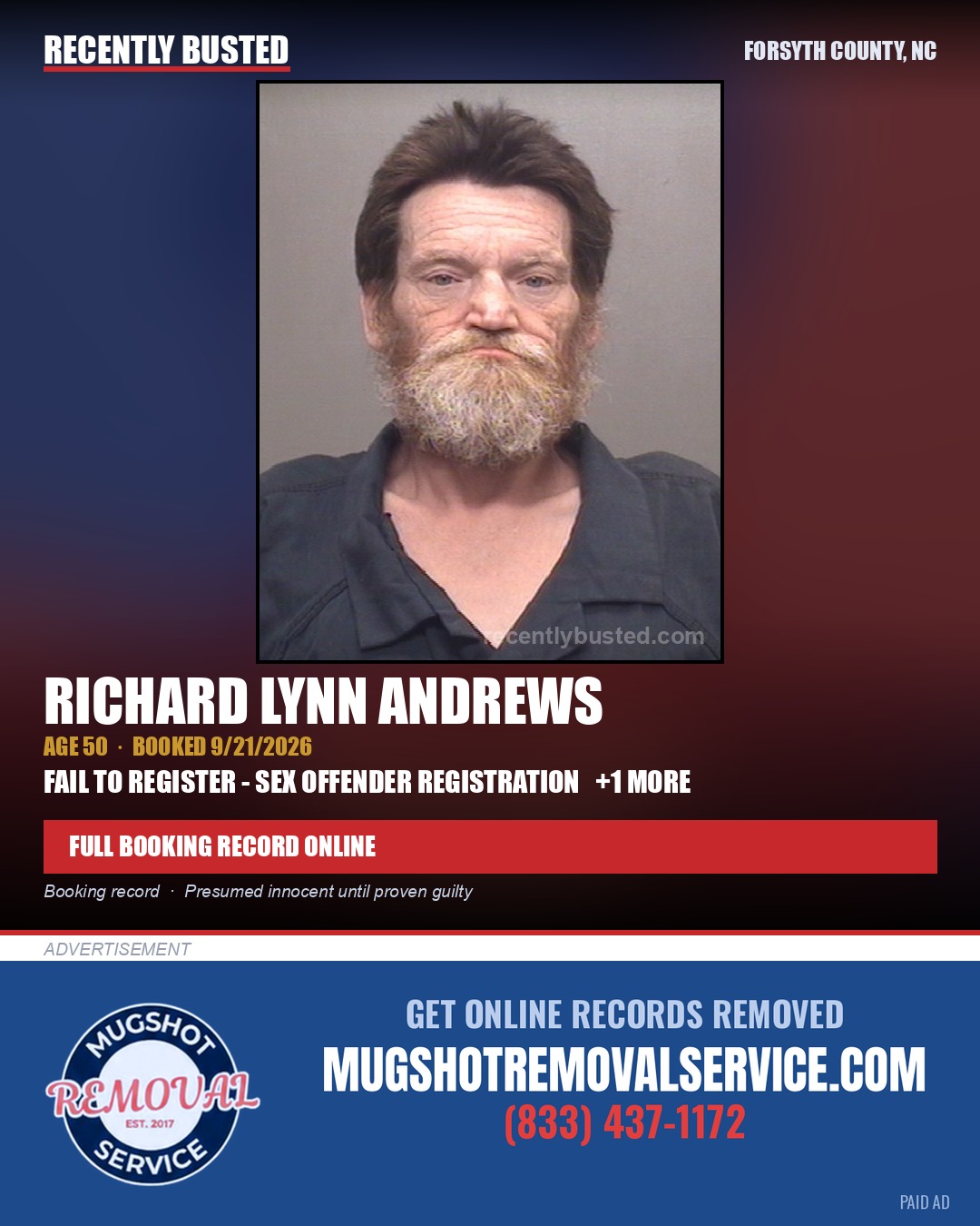 RICHARD LYNN ANDREWS — arrest record card, Forsyth County, North Carolina