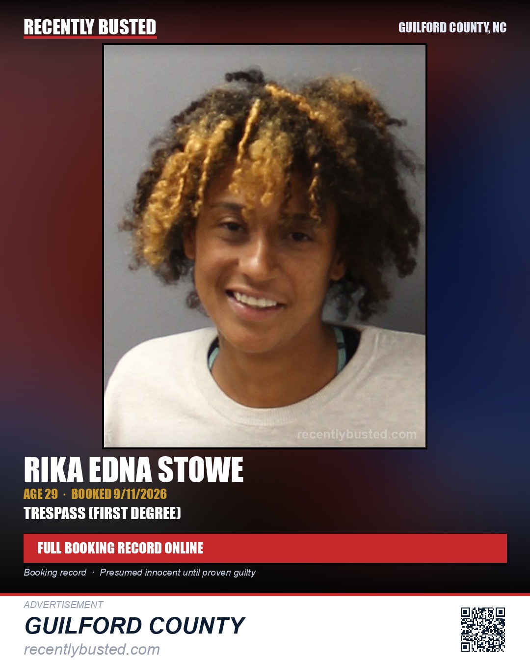 RIKA EDNA STOWE — arrest record card, Guilford County, North Carolina