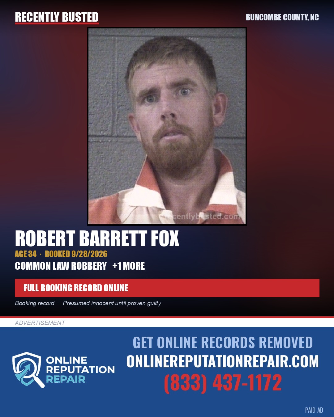 ROBERT BARRETT FOX — arrest record card, Buncombe County, North Carolina