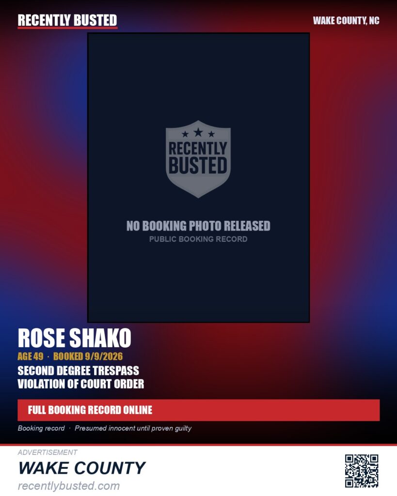 ROSE SHAKO — arrest record card, Wake County, North Carolina