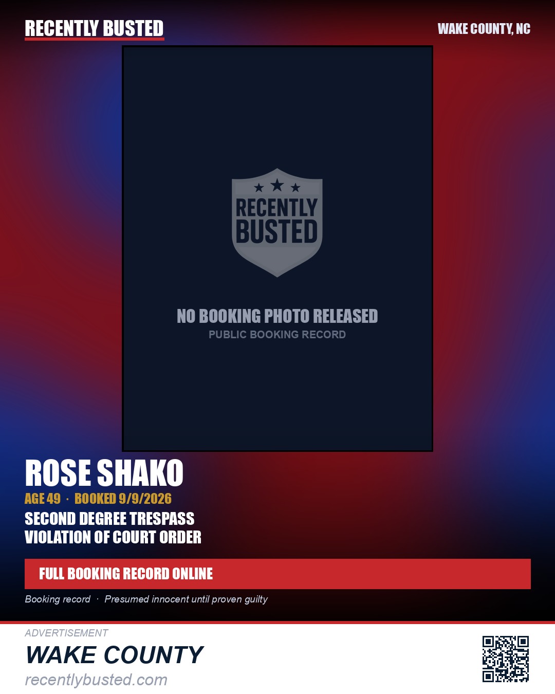 ROSE SHAKO — arrest record card, Wake County, North Carolina