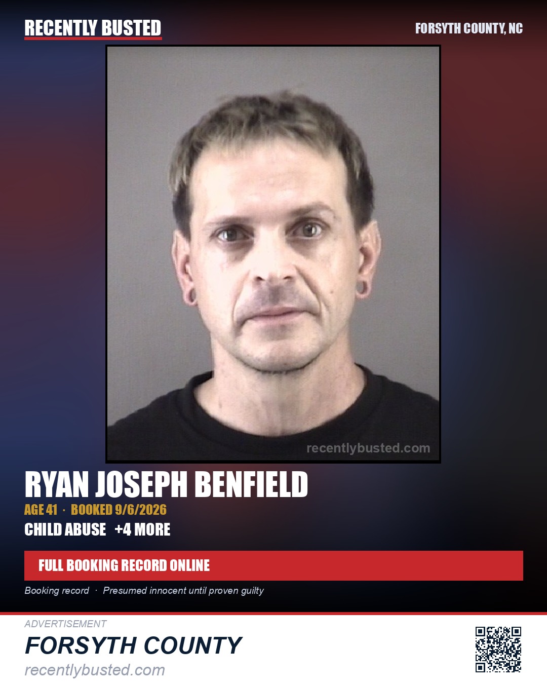 RYAN JOSEPH BENFIELD — arrest record card, Forsyth County, North Carolina