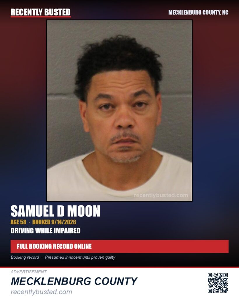 SAMUEL D MOON — arrest record card, Mecklenburg County, North Carolina