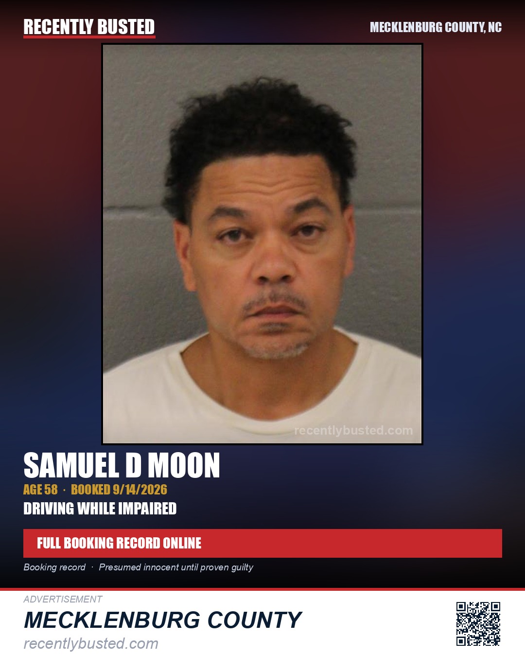 SAMUEL D MOON — arrest record card, Mecklenburg County, North Carolina